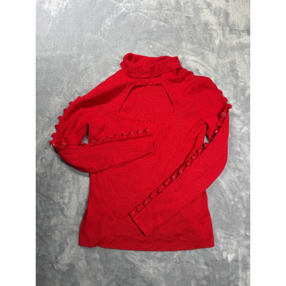 Guess Sweater Womens Large Red Keyhole Turtleneck Buckle Sleeve Knit Pullover